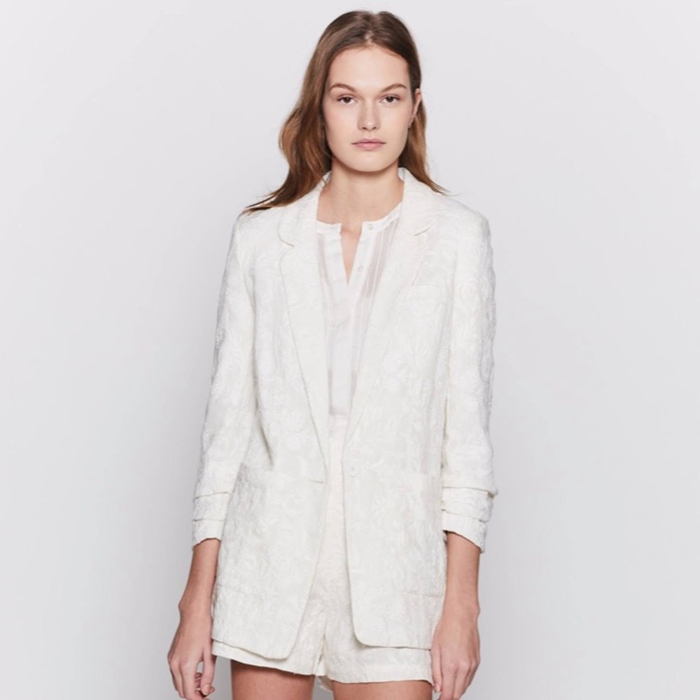Joie Embroidered Ivory Hip Length Linen Blazer